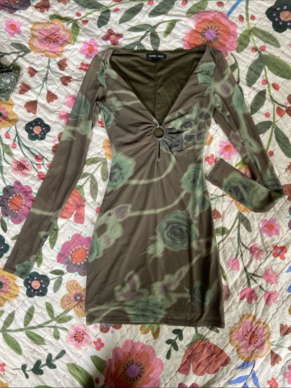 silence + noise Olive Brown Floral Mesh Ring-Front Long Sleeve Dress Small